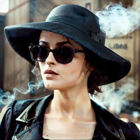 Marla768,  smoking a cigaret, big black hat, sunglasses, photography, trending on artstation, sharp focus, studio photo, intricate details, highly detailed, by greg rutkowski <lora:Marla768:0.7>