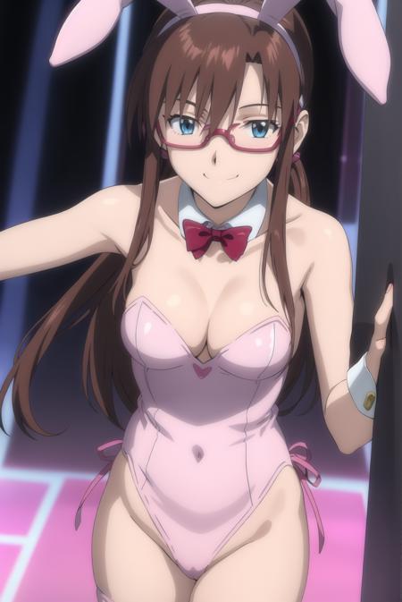 rebuild style, 1girl, makinami mari illustrious, brown hair, long hair, short twintails, blue eyes, red glasses, looking at viewer, smile, ((pink playboy bunny)), rabbit ears, cityscape, cowboy shot, medium breasts, cowboy shot, <lora:rebuildOfEvangelion_v4b-26:0.6>,