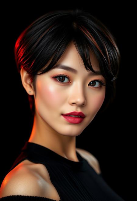 A highly detailed studio glamour headshot portrait of a gorgeous female Japanese model with short hair, beautiful dark eyes, and full lips against a black background. Clam shell lighting with a red hair light.
