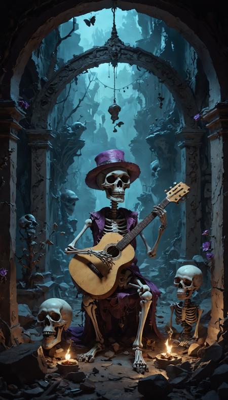 This image depicts a surreal and fantastical scene. At the center, there is a skeleton playing a guitar, which is a common symbol of music and the human spirit. The skeleton is wearing a purple outfit and has a pointed hat, adding to the surreal and otherworldly atmosphere. The guitar is brown and has a unique design, with a red and white pattern on the body.
Surrounding the skeleton are various other characters, including a small skeleton with a hat and a guitar, a larger skeleton with a guitar, and a skull with a guitar. These characters are depicted in a dark, cave-like setting with stalactites hanging from the ceiling and a blue, ornate archway in the background. The color palette is dominated by dark blues, blacks, and golds, creating a moody and mysterious ambiance.