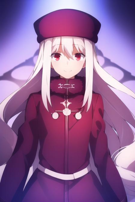 1girl, illyasviel von einzbern, solo, looking at viewer, night, red eyes, white hair, long hair, dark purple coat, fur hat, dark purple headwear, papakha, white scarf, long sleeves, smile, ufotable screen cap
<lora:ufotable_lora_v2:1>