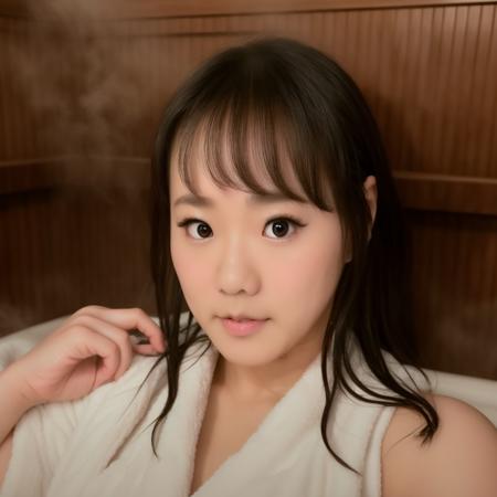 @shibukaho,Shibuya Kaho \(Person\),Kaho Shibuya \(Person\),masterpiece, 1girl, ((portrait shot)), black eyes:1.5, nose, brown hair, eyeliner, closed mouth, looking at viewer, bath robe, long hair, submerged in water, indoor sauna, ((floating steam)), convenient censoring, solo, upper body, <lora:Shibuya-Kaho-V2:1>
