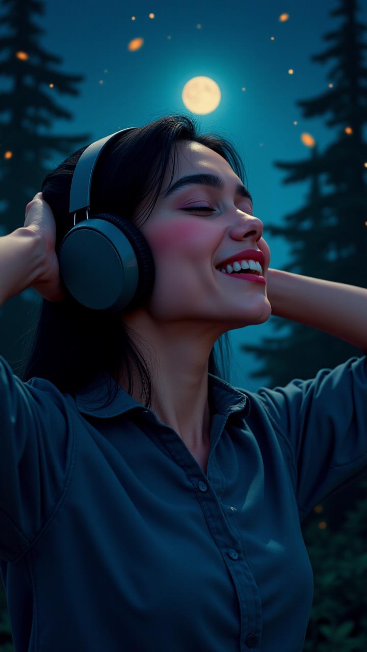 vector art, close-up, portrait of Girl with closed eyes listening to music with headphones, Hands held behind her head, expression of pleasure on her face, night forest with fireflies in the background, full moon in the starry sky, raw, hdr, 8k textures, extreme detail, hight detailed skin texture, epic details, high sharpness, intricate details, a lot of color, many small strokes, 8k, breathtaking, extremely detailed, beautiful, artistic, hyperrealistic