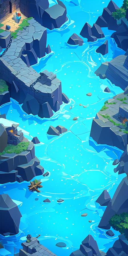 Concept art, top-down terrain, game scenes, chain, no_humans, water, cave, stairs, rock, from_above, scenery, crystal<lora:dibian:0.8>,