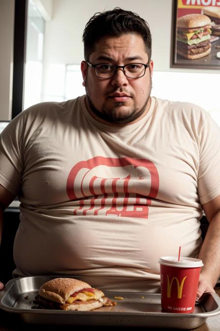 a fat american reddit user man is sitting at a table at mcdonalds and a massive and greasy hamburger on a food tray, sweat stained t-shirt, neckbeard, sweat, ketchup on t-shirt, heavy breathing, glasses, 8k, masterpiece, highly detailed photo, realistic, absurdres, highly detailed skin, photorealistic, highres,