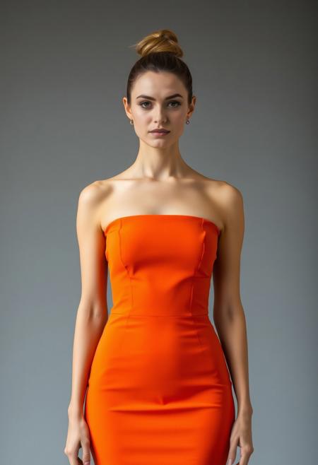 medium shot, front view of a woman wearing an orange fit dress, bare shoulders, bare neckline,  bun hairstyle, grey background