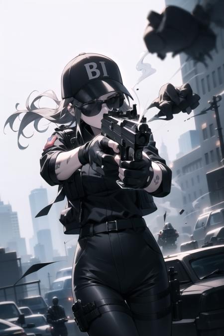 <lora:ash-000037:1> asop, asdef, black jacket, black shirt, vest, pants, black pants, fingerless gloves, baseball cap, sunglasses,
1girl, battlefield, handgun, aiming, bullet hole, shell casing, smoke, intense