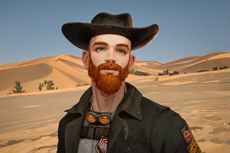 <lora:cragsand:0.70>, 1boy, solo, handsome man, ginger beard, cowboy hat,  illustration, drawing, professional, defined shadows, accurate figure, aesthetically pleasing, correct hands, post apocalyptic, desert wasteland background, best quality, portrait, (masterpiece, top quality, best quality), trending on artstation, looking at you, portrait, green eyes