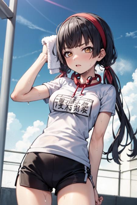 <lora:mayuzumi fuyuko:1>, mayuzumi fuyuko, 1girl, solo, black hair, towel, shorts, shirt, blush, looking at viewer, long hair, breasts, bangs, white shirt, sweat, hand on hip, short sleeves, hairband, towel around neck, gym uniform, black shorts, twintails, wiping face, cowboy shot, name tag, blunt bangs, yellow eyes, wiping sweat, brown eyes, holding, holding towel, medium breasts, red hairband, outdoors,