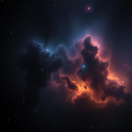 photorealistic dark translucent cosmic nebula in hues of black, blue, orange, and purple, and with 6 diffraction lines on stars