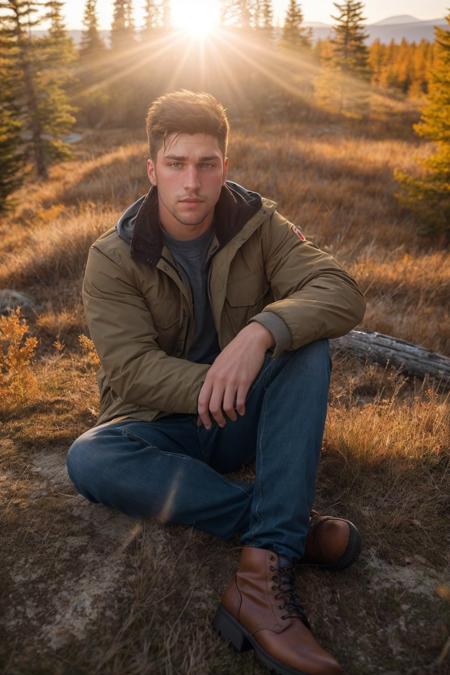 photo of kyle_hynick <lora:kyle_hynick-05-prodigy:0.75> dressed as an outdoorsman sitting crossed-legged on a field in the Canadian wilderness, natural lighting, fall weather, golden hour, wearing parka, jeans and boots