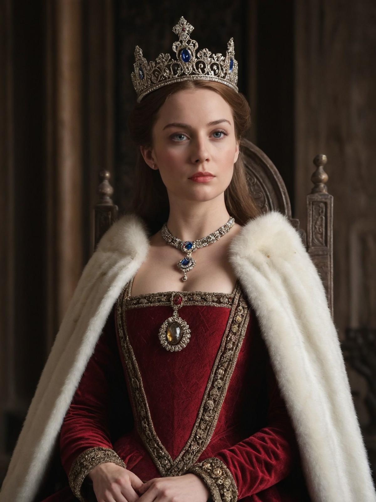 15th century British duke woman,30-year-old,cape,crown,throne room,sinister expression,cinematic still,hyperdetailed photo...
