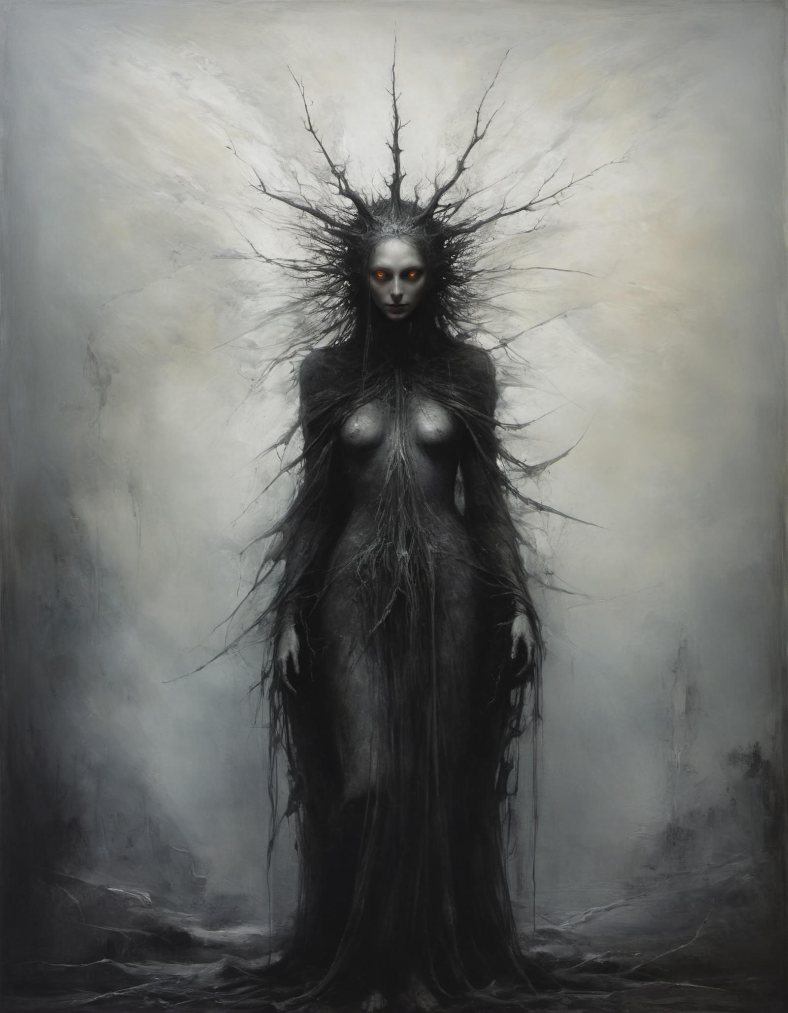 Dark and mysterious painting of a woman with dark hair, red eyes, and a dress made of tree branches.