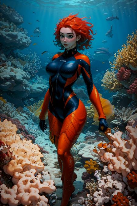 woman, depths-fc, undersea, 1girl, scuba, pretty face, vivid colorful hair, breasts, scuba suit, full body, coral, reef, swimming, <lora:depths-fC_v1.0:0.8>