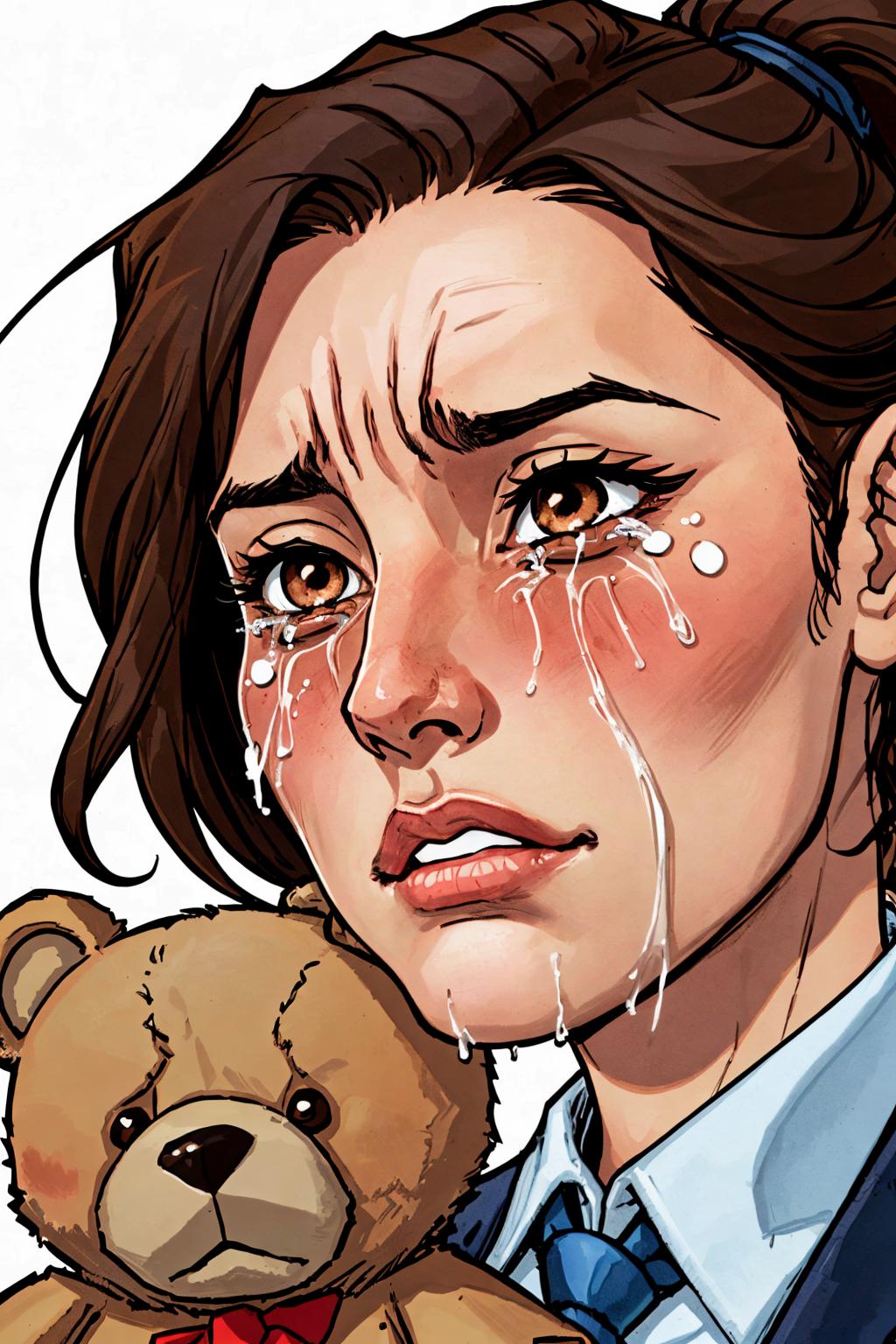 close-up photo portrait of a 30 yo asian woman, black ponytail, brown eyes, crying face expression, blush, shirt, tie, office lady, holding teddy bear, simple background