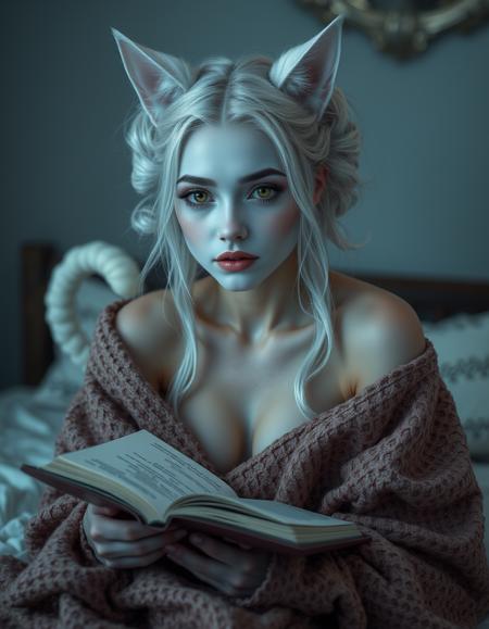cinematic style, beauty, realism, photorealism, chiaroscuro, high quality, 1girl, pale dusky blue skin, facial markings like whiskers, white cat ears and a white cat tail, pronounced fangs, white hair in two large ringlets, a female miqote with a petite build, bright yellow eyes, cinematic photo an introverted woman sitting on her bed with a book, wrapped in a cozy blanket, her natural beauty and calm demeanor exuding a sense of peace. 35mm photograph, film, bokeh, professional, 4k, highly detailed