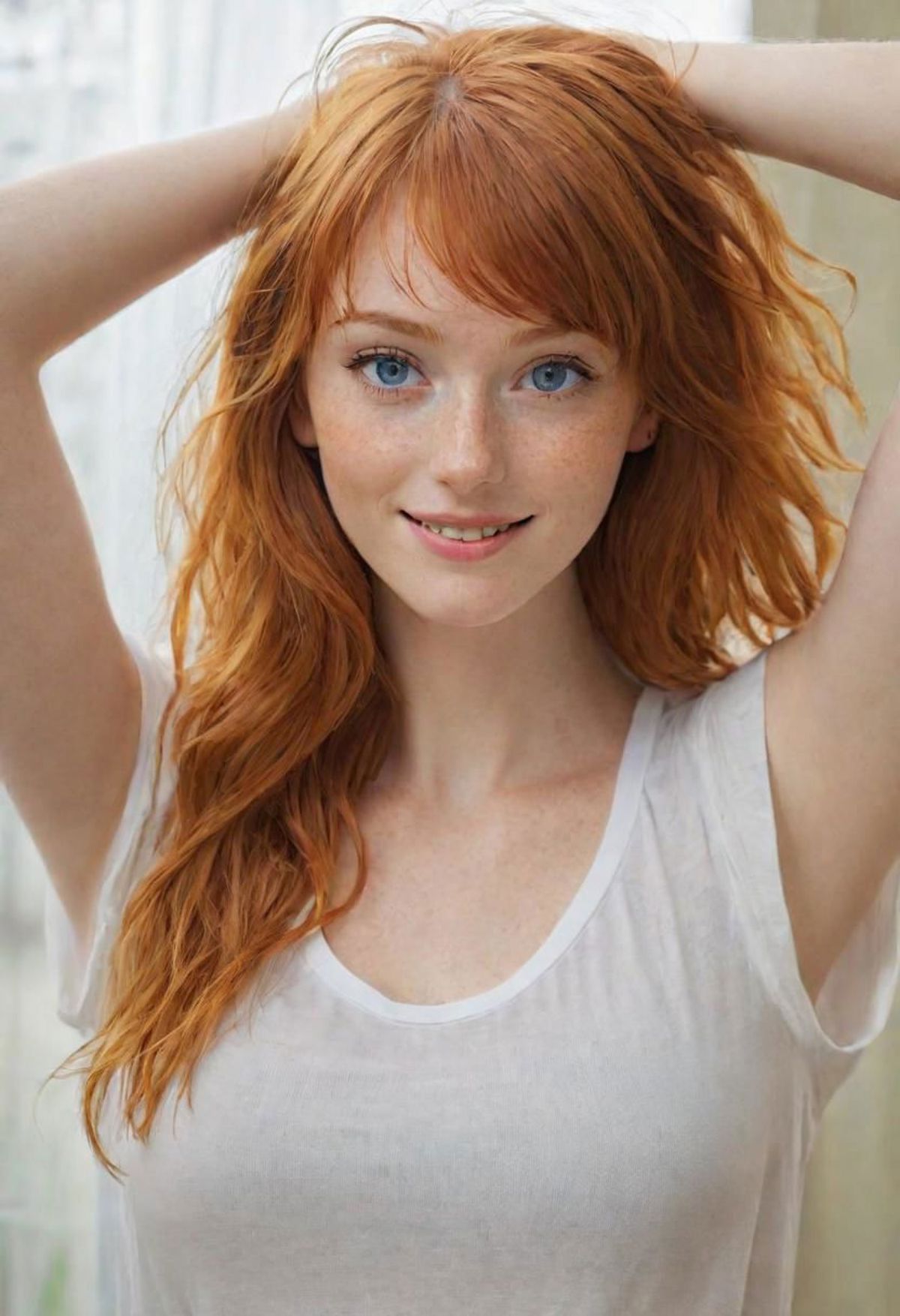 A woman with red hair and blue eyes poses for a picture.