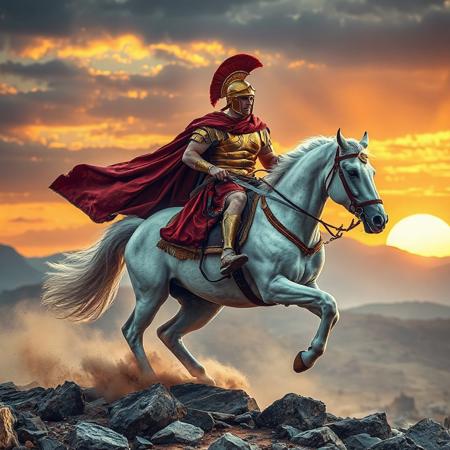 roman soldiar, roman general, roman swordmen, ridin, white horse, Roman soldier on horseback, galloping on rocky terrain, wearing golden armor and red cape, ancient helmet with plume, dramatic sunset in background, cinematic lighting, mountains in the distance, dynamic action pose, dust clouds around hooves, epic historical atmosphere, realistic style, spiky stones, ontop of stone, feare full