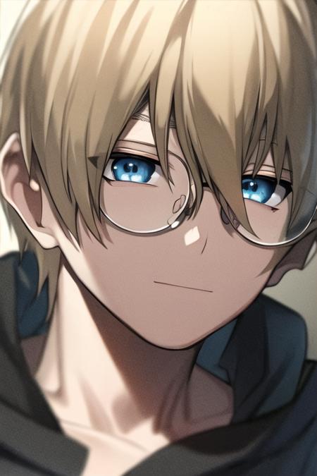 masterpiece, best quality, high quality, 1boy, solo, male focus, looking at viewer, upper body, <lora:william_macbeth:0.76>, william_macbeth, blonde hair, glasses, blue eyes, , pajamas