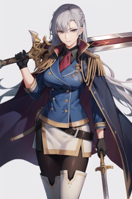 <lora:aurelialeguin:0.7>  aureliablue, 1girl, solo, long hair, crown braid, french braid, blue jacket, military uniform, weapon, sword, holding, holding weapon, holding sword, over shoulder, weapon over shoulder, sword over shoulder, hand on hip,  cape, epaulettes, black gloves, belt, black pantyhose, ascot, white skirt, boots, necktie, large breasts, double-breasted, buttons, weapon, sword, holding, holding weapon, holding sword, over shoulder, weapon over shoulder, sword over shoulder, hand on hip,