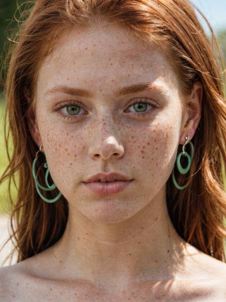 close-up of a 20 year old redhead with dark green eyes, freckles, beauty spots, no makeup, natural, earrings, innocent expression, hard shadows, soft lighting, sharp focus, skin details