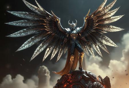 The image showcases a dynamic pose of Blackwing - Silverwind the Ascendant, standing on a Skypalace Babylon with silver armor contrasting against a dark blurred background. The 4K image features exceptional quality, lifelike details, sharp lines, and harmonious colors, capturing a powerful message with vivid emotions. Cinematic lighting and intricate details enhance the overall concept design, making it trend on ArtstationHQ.