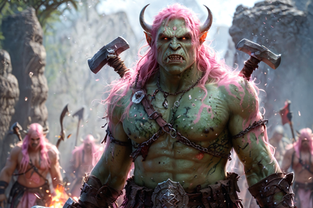 bioluminescent, an orc berserker with green skin, covered in war paint, holding two axes, solo, from the Stonecrusher Clan, with stone armor and gray war paint, a volcanic wasteland with ash-covered ground, lava pools, jagged rocks, detailed background, guarding a prisoner, holding a chain, determined, furrowed brow, wide shot, a war paint ceremony with orcs applying paint, chanting, preparing for war, a crude wooden toy, nearby, on a wooden platform, creaking boards, humid, misty air, dewdrops on surfaces, warm atmosphere, dawn, soft pink and orange hues, early light, fresh air, best quality, vibrant colors, realistic style, high detail, high-definition, hyper-realistic, extremely high-resolution details, fine texture, incredibly lifelike, realistic, not cartoon, not drawing, highres, 4K resolution, source photo, realistic photo, masterpiece, best quality, amazing quality, very aesthetic, ultra-detailed, detailed textures, natural lighting, soft light, sunlit tones, warm yellows and oranges, firelight, warm orange flicker, three-quarter view shot, full body visible, <lora:Mystic_Lumina_r1-000007:0.9>