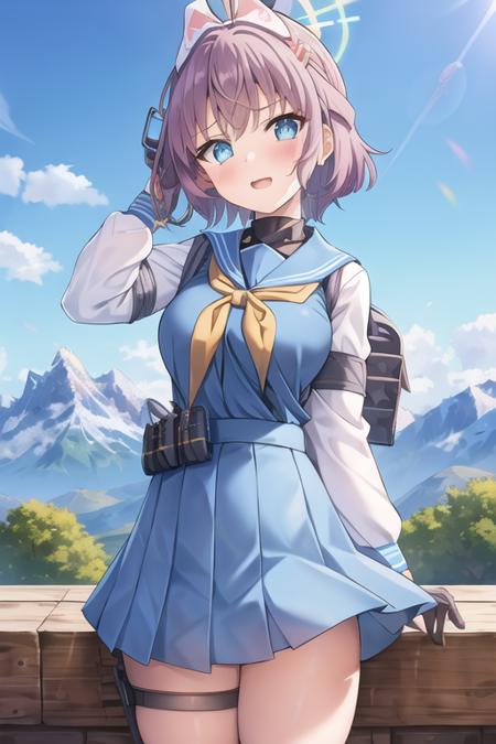 1girl, sorai_saki, halo, helmet, short hair, school uniform, sailor collar, serefuku, yellow neckerchief, blue skirt, (mountain:1.3) <lora:sorai_saki:0.7>