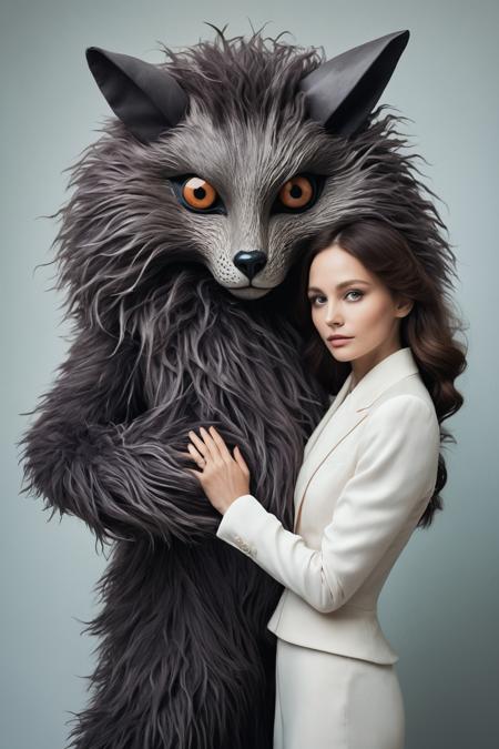 A raw photo portrait of an elegant lady with their face obscured,  holding hands with a giant mysterious furry creature with intricate eyes,  both dressed formally.
