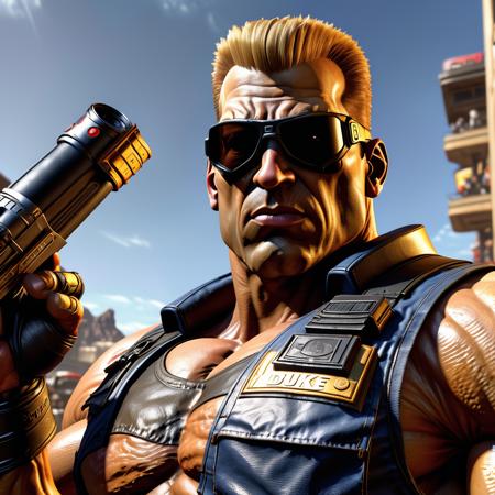 hyper realistic photograph of (Duke Nukem of videogames:1.4), (action photo) (luminar , cluttered , masterful:1.4), medium full shot, poster art, bold lines, hyper detailed, expressive,  award winning,  dark limited color palette, high contrast, depth of field, (intricate details, masterpiece, best quality:1.4), back lighting, looking at viewer, dynamic pose, wide angle view