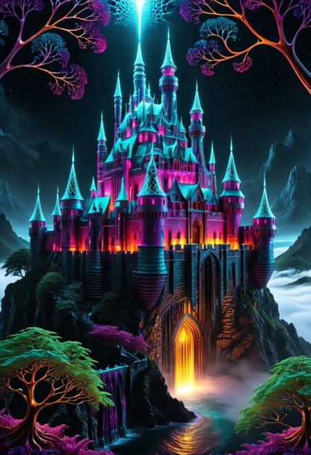 Fractangles, made out of fractangles, surreal castle, old castle, crazyily big castle, massive fortress, surreal castle, massive walls, medieval castle, knight, knight in front of view, knight on cliff looking over castle, transformed by glowing fractal roots, geometric vines wrapping around its structure, futuristic crystal patterns integrated into the metal, bioluminescent details, mystical atmosphere, cinematic lighting, foggy cityscape in the background, ultra-detailed architecture, dreamlike sci-fi fantasy fusion, sharp focus, 8k, fractal-inspired redesign, concept art style, high quality,