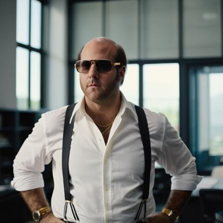 cinematic film still of  <lora:Les Grossman:1.2>
Les Grossman a man in a white shirt and black suspenders and sunglasses looking at something in a studio office , shallow depth of field, vignette, highly detailed, high budget, bokeh, cinemascope, moody, epic, gorgeous, film grain, grainy