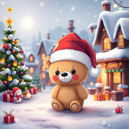 pinkchibihalloween,A small teddy bear a santa hat, in a magical winter town. The background features Santa claus town, with mini elfs and magical creatures around. A Christmas tree and gifts are present in the background. Magical and cozy atmosphere.
