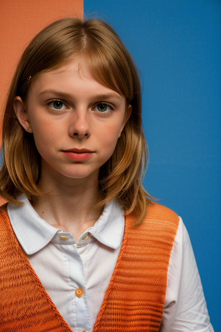 FloFleming, Century Camera Co. Studio, 160mm f/8, 1/10s, ISO 25, ((tintype, portrait, full color, bold color, orange, red, gradient)), blouse, ((geometric halftone background))