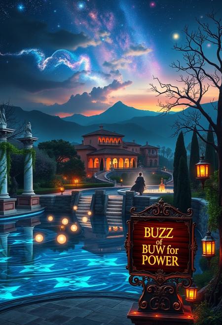 A mystical landscape at twilight, centered around a glowing crystal lake reflecting vibrant nebulae and distant galaxies. Grand marble columns and statues reminiscent of Italian architecture line the shores, adorned with glowing vines. Towering bioluminescent trees with ornate branches softly illuminate the scene, while terraced villas and cascading fountains, inspired by Tuscany, rise in the distance. Iridescent mountains blend with the luminous clouds above, creating a dreamlike horizon.
In the foreground, a figure in flowing robes reminiscent of Renaissance nobility stands on a stone piazza leading to the lake. Around them, floating orbs of light and ancient runes circle as they weave a magical spell. Nearby, an elegant wooden sign made from polished mahogany, with intricate scrollwork and gilded edges, reads ‘BUZZ for POWER’ in glowing calligraphy, perched atop a stone pedestal. Golden lanterns sway in the gentle breeze, adding warmth to the serene atmosphere. The entire scene is a fusion of otherworldly beauty and timeless Italian elegance, where nature, art, and magic blend in perfect harmony