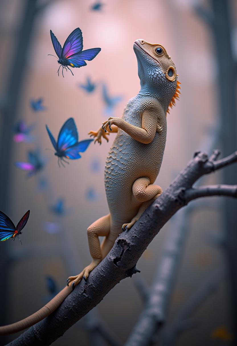 The enchanting image showcases a magnificent, golden gecko, its opulent scales glistening like precious opals, gracefully enveloped in a mesmerizing dance of dazzling iridescent butterflies. The misty, dreamlike atmosphere of the forest evokes feelings of whimsy and wonder, highlighting the creature's tender, gentle nature. The giant lizard exudes an air of power and elegance, contrasting beautifully with the mysterious and ethereal presence of the butterflies that swirl around it. The soft, pale pink hues further enhance the artistic and alluring composition, infusing the scene with a touch of romance and delicacy.   The colors employed in the image, including gold, blue, silver, and a subtle, pale pink, imbue the photograph with a rich, textured palette, accentuating the intricate details of the lizard's scales and the delicate beauty of the butterflies. The soft, diffused lighting creates a dreamlike quality, immersing the viewer in the surreal world of the photograph. The overall aesthetic is reminiscent of the whimsical artwork of Trolls, with its lush bouquets of flowers, shadows, bronze, violet, silver, and tender, gentle nature.   This photograph is a captivating and visually stunning piece of art that masterfully combines elements of fantasy, nature, and surrealism. Its artful composition, lighting, and rich color palette create a dynamic and dramatic moment, showcasing the intricate beauty of both the lizard and the butterflies. Overall, the image evokes a sense of awe and wonder, transporting the viewer to a world of fantasy and magic. ,<lora:aidmaHyperRealism-FLUX-V0.2.safetensors:1.0> ,