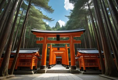Very beautiful Fushimi Inari Shrine, Japan , a temple site, sunny blue sky background and large dense forest. Very realistic photography.