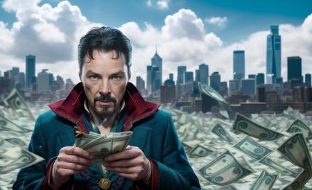 Raw close up photo money dollars fly motion blur Dr Strange from Marvel spill out wind blow out in individual splashes of dollar banknotes (dollar banknotes),  wallpaper, with blue skies and some clouds, City background DSLR 8k individual banknotes blowing by wind dynamic shot, banknotes everywhere around Dr Strange, money tornado Fujifilm XT3 film grain<lora:epiNoiseoffset_v2:1.0>