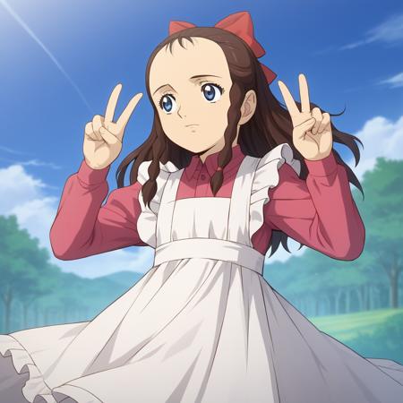 emily, 1girl, solo, brown hair, long hair, blue eyes, braid, hair bow, dress, maid apron, brown footwear