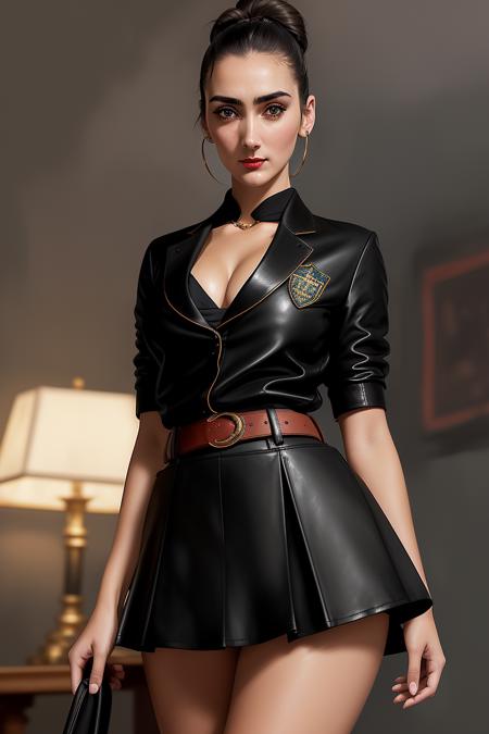 picture of (priricart), a woman (wearing a high school uniform:1.2), (miniskirt), (leather belt:1.1), (high school party background:1.1),  modelshoot style, (extremely detailed CG unity 8k wallpaper), photo of the most beautiful artwork in the world, professional majestic oil painting by Ed Blinkey, Atey Ghailan, Studio Ghibli, by Jeremy Mann, Greg Manchess, Antonio Moro, trending on ArtStation, trending on CGSociety, Intricate, High Detail, Sharp focus, dramatic, photorealistic painting art by midjourney and greg rutkowski, (cleavage:0.8), (looking at viewer), (detailed eyes:1.2), (red lips:1.2), (bun hairstyle:1.2)