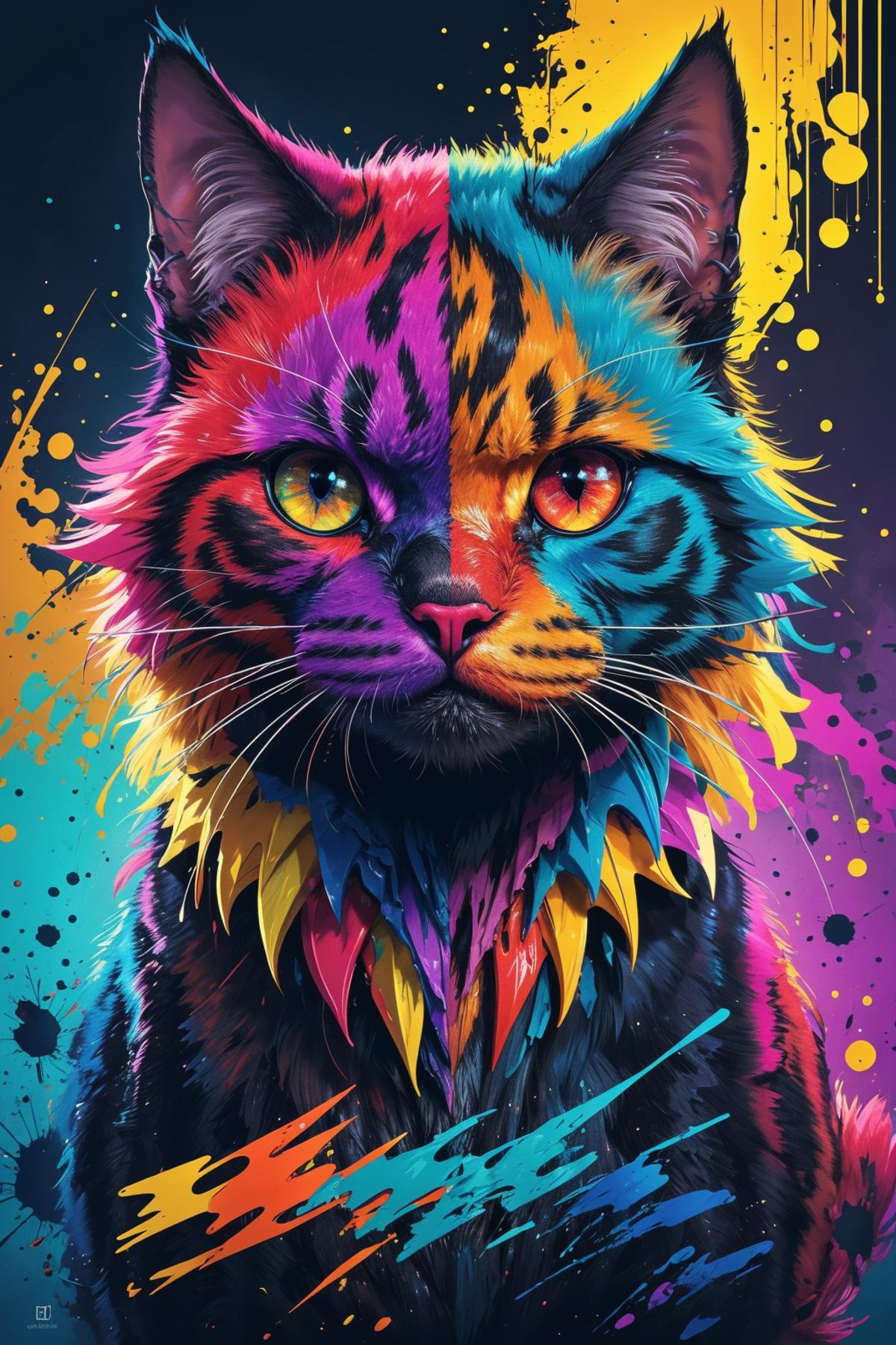 Colorful Cat with Rainbow Fur, Yellow Eyes, and Black Body