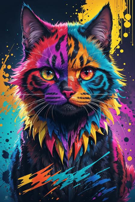 extreme quality, cg, detailed face+eyes, (bright colors), splashes of color background, colors mashing, paint splatter, complimentary colors, electric, neon, magical, (thunder cat), impatient, (limited palette), synththwave, masterpiece, fine art, tan skin, upperbody