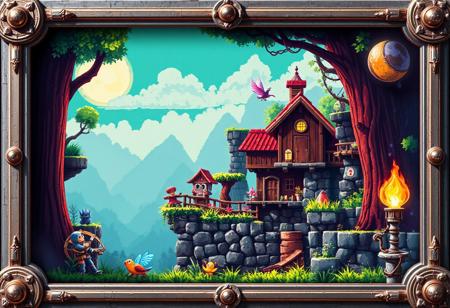 A retro-inspired pixel art animation reminiscent of classic video games from the 8-bit era, featuring charming sprites, catchy chiptune music, and nostalgic gameplay that transports viewers back to a simpler time. (masterpiece, award winning artwork) many details, extreme detailed, full of details, Wide range of colors, high Dynamic
detailmaximizer,gaming, magic silver frame, bronze object