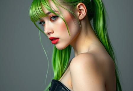 score_9, score_8_up, score_7_up, score_6_up, score_5_up, score_4_up, 1woman, RAW photo, (freckles:0.8), long ponytail, neon green hair, medium close-up shot side view, latex corset (busty 44d:1.5), extremely detailed, beautiful detailed green eyes, full lips, pale skin, neutral expression, neutral gray background, studio lighting , in the style of (kyuYong Eom:1.0)