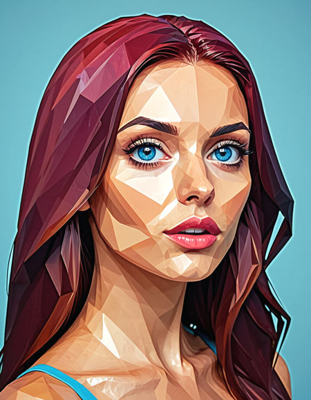 polygon style, low-poly animal, angular shape,
face close up,
geometric womans face,
model face, pretty,
wet dark red hair, thick long hair,
head tilt, blue eyes,
large eyes, big plump lips, small nose, blush, 
45º angle, profile, 
clean polygon edges, symmetrical design, digital art,
<lora:Polygon_Lora_XL:1>
background polygonal sunset, bright colors, tan, tshirt