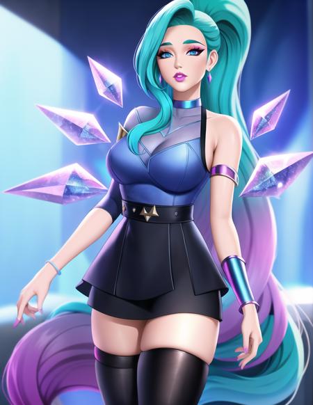 high detailed, 8k, highres, (k/da all out seraphine), league of legends, k/da \(league of legends\), cowboy shot, 1girl, solo, aqua hair, gradient hair, multicolored hair, blue eyes, lips, long hair, long ponytail, ponytail, earrings, jewelry, armlet, bracelet, choker, ice wings, blue dress, layered clothing, black skirt, single bare shoulder, thighhighs