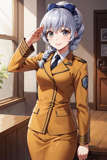 1girl, solo, braided ponytail, single braid, grey eyes, grey hair, military uniform, black necktie, blue bow, brown skirt, 