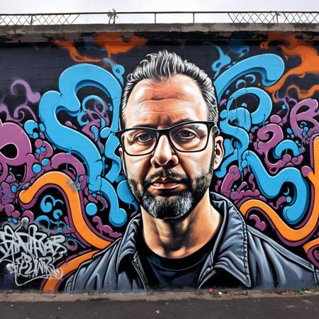 Graffiti style XIN18 inside,portrait,wearing glasses,1man,<lora:XIN18:1.2>,<lora:add-detail-xl:1>,<lora:xl_more_art-full_v1:0.5>,dark colors,bad mood,haunting background,swirling smoke,vibrant,beautiful,crisp,detailed,ultra detailed,intricate,colorful,isometric style, . Street art, vibrant, urban, detailed, tag, mural