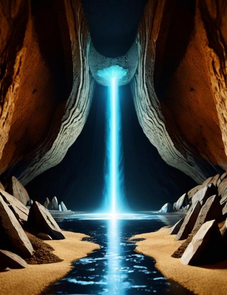 ((digital art)), (hyper detailed),DonMS4ndW0rld, made of sand or sandstone Glaciers Planet,Energy Beam,Underground River,Twilight, <lora:DonMS4ndW0rld-000012:0.8>