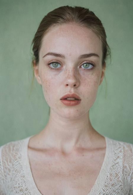 Retro film photo  in great natural lighting, low contrast and subdued. Film distortion and flaws, grainy blur in spots. A beautiful young woman with green eyes and Italian heritage vaguely resembling Tyler, Liv. Pale skin, the lightest freckles, hair pulled back into a tight ponytail. Full cheeks, rounded chin. 
Her body is enticing and inviting intimacy, thin wrists, slender waist, length legs, pubic mound. And thigh gap.  She is aching to make love but is also coy and hesitant, lacking self esteem. 
She looks tired and Strung out, but she is also achingly aroused and super turned on. Sensual passion, achingly horny.  White studio and pale.